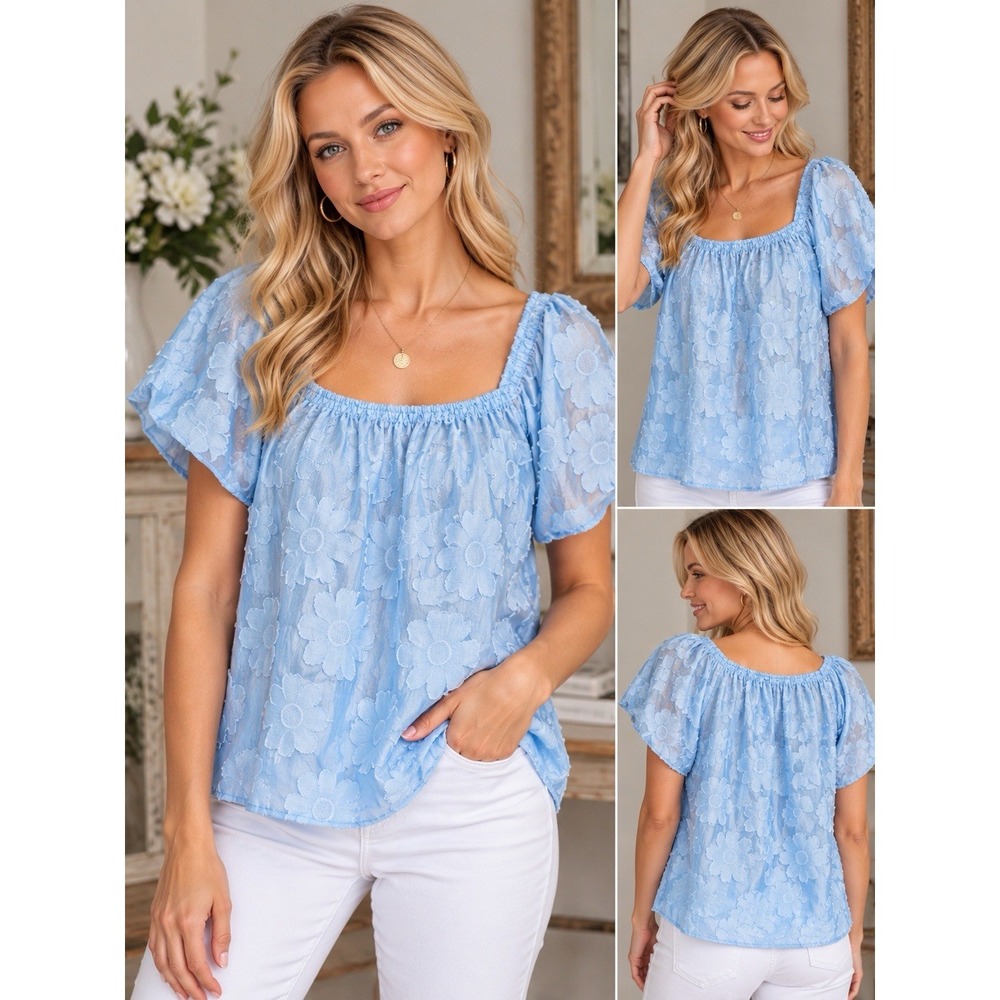 And The Why Women's Blue Floral Textured Puff Sleeve Blouse Size M Cottagecore